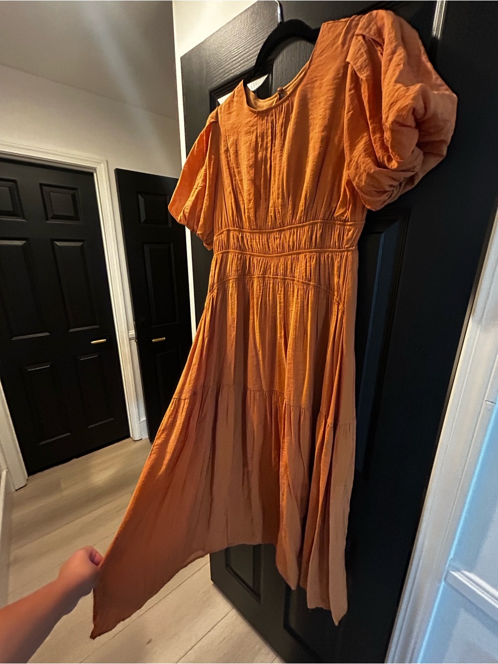 Women's Puff-Sleeve Tiered Midi Dress - Orange